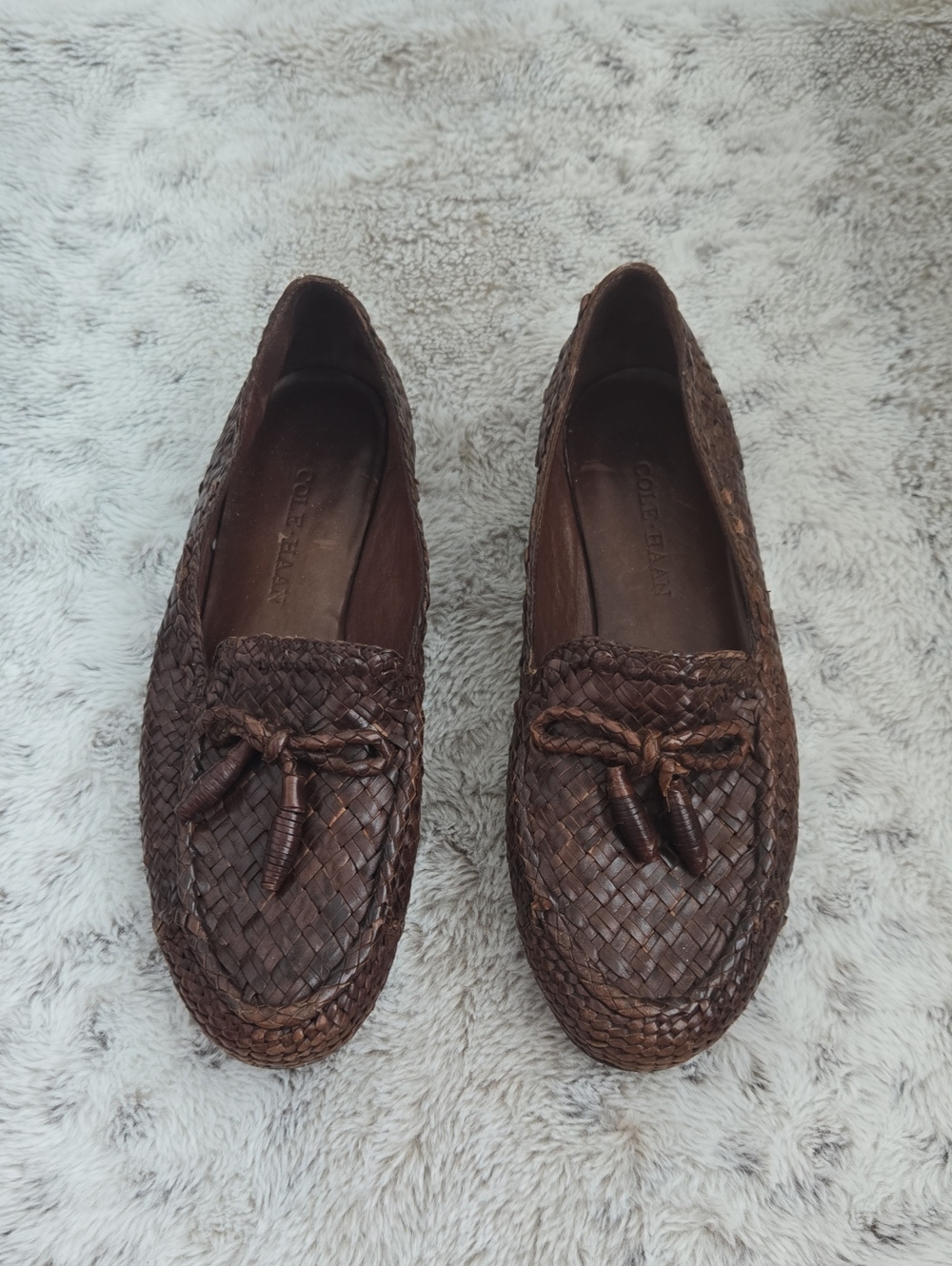 Cole Haan brown leather woven style loafers with tassels